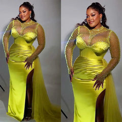 SHOWLU FASHION STORE Lemon Green Prom Dresses Sparkly Beaded Sheer Long Sleeves Evening Gowns Plus Size African Formal Dress Sexy Slit Party Dress