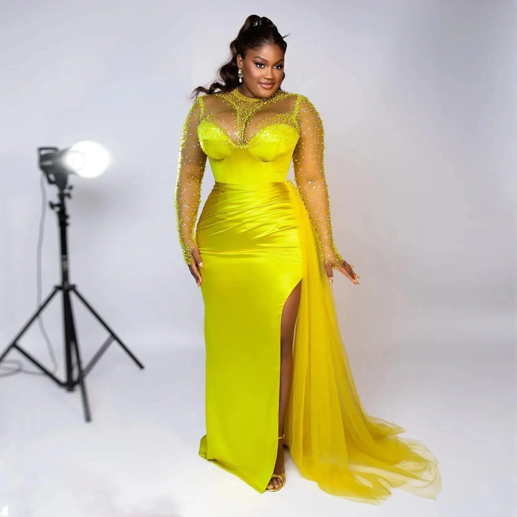 SHOWLU FASHION STORE Lemon Green Prom Dresses Sparkly Beaded Sheer Long Sleeves Evening Gowns Plus Size African Formal Dress Sexy Slit Party Dress