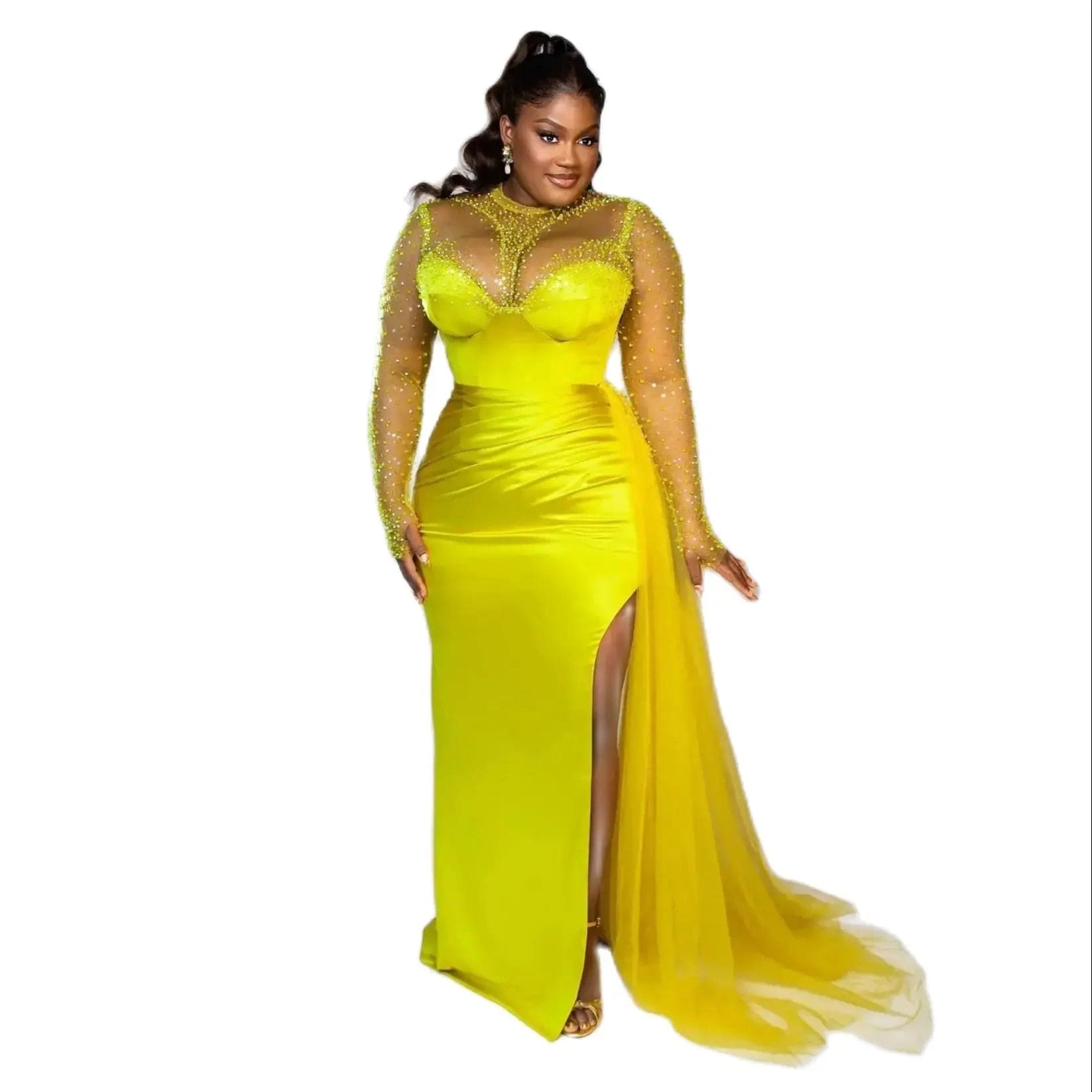 SHOWLU FASHION STORE Lemon Green Prom Dresses Sparkly Beaded Sheer Long Sleeves Evening Gowns Plus Size African Formal Dress Sexy Slit Party Dress