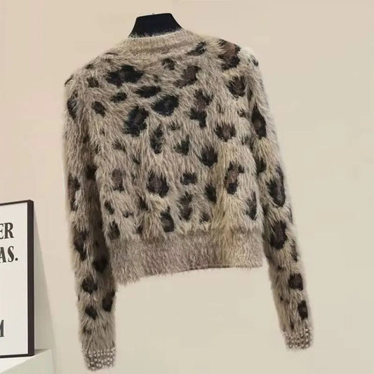 SHOWLU FASHION STORE Leopard Pearls Vintage Mink Knit O-Neck Long Sleeve Pullover Women's Sweater Female Sweaters Tops Woman Clothing Fashion 2024