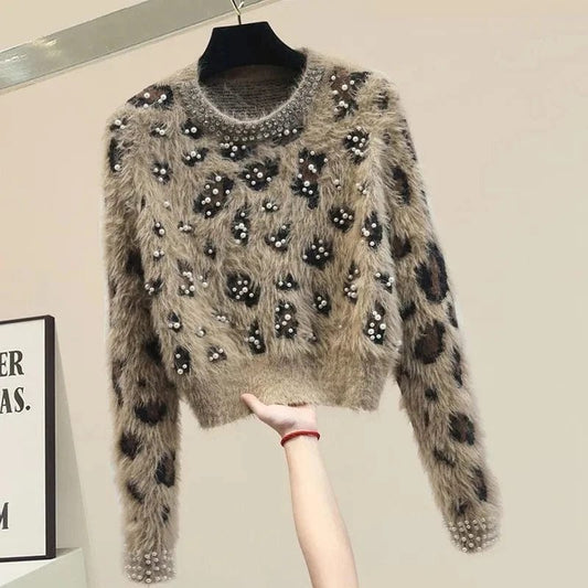 SHOWLU FASHION STORE Leopard Pearls Vintage Mink Knit O-Neck Long Sleeve Pullover Women's Sweater Female Sweaters Tops Woman Clothing Fashion 2024