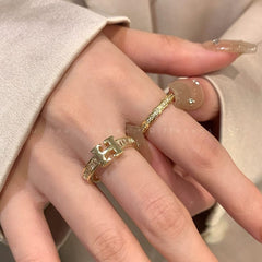  Showlu Fashion Store Letter Female Retro Opening Gold Index Finger Ring Zircon