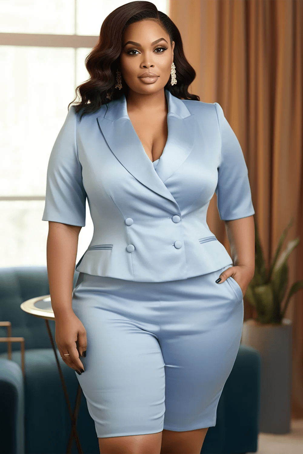 SHOWLU FASHION STORE Light Blue / 1XL Plus Size Semi Formal Light Blue Lapel Collar Short Sleeve Satin Two Piece Short Sets