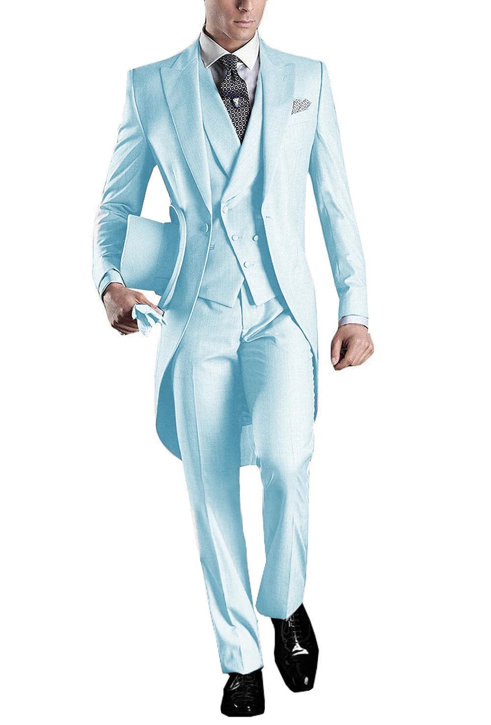  Showlu Fashion Store Light Blue / 4XL Solid Men's Tailcoat Suit Set Business Tuxedos for Men Wedding Suit Coat Pants Vest 3 Pcs Set Dress Blazers Jacket Trousers