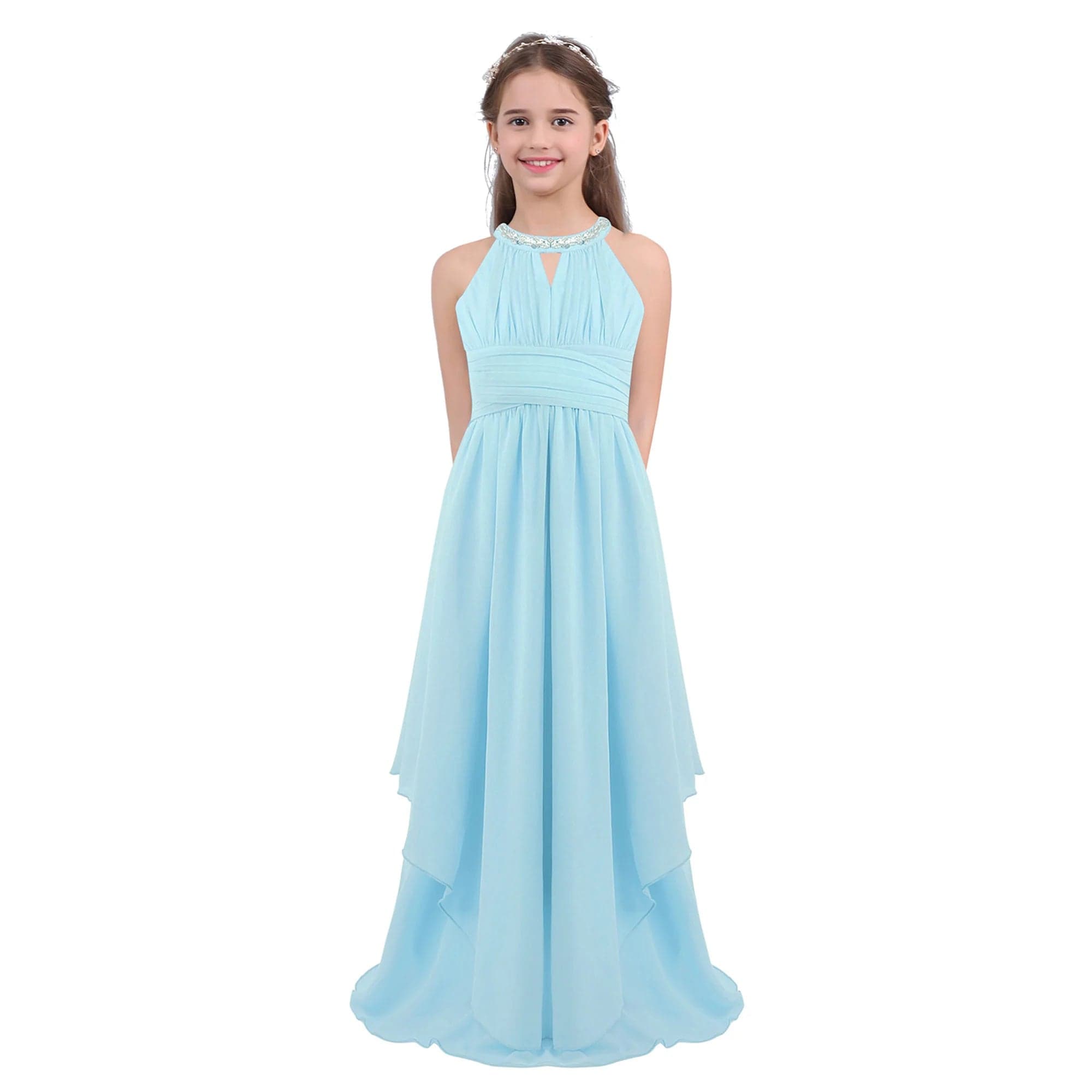 SHOWLU FASHION STORE Light Blue / 8 Chiffon Flower Girls Dress Floor-Length Sleeveless Wedding Party Dress Sequined Halter Flower Girl Dress Princess Pageant Dress