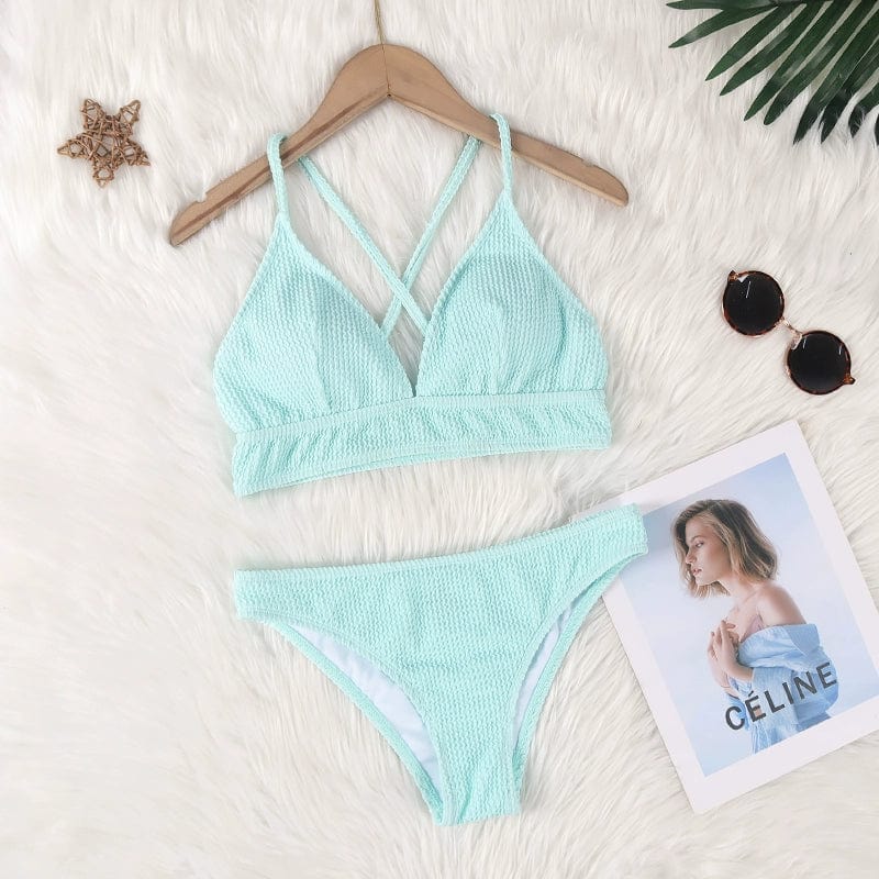  Showlu Fashion Store Light blue / M code [recommended 60.00 kg-70.00 kg]] Small Discount Bikini Women's Fashion Thread Fitted Slimming and Simple Swimsuit Sexy Vacation Small Chest Separates Swimsuit