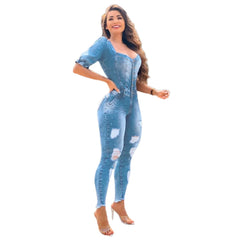  Showlu Fashion Store light blue / M Women Buttons Sexy Denim Jumpsuit Hole Long Rompers Pocket Bodycon Summer Jeans Overalls Casual Fashion Party Club Playsuit