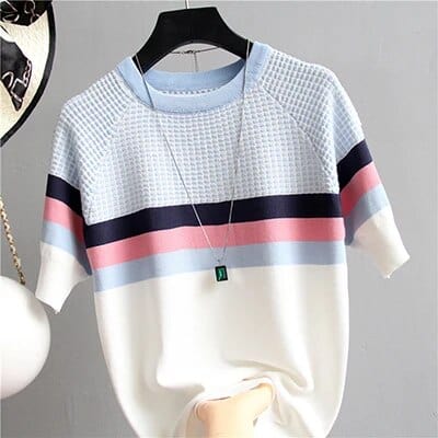 Showlu Fashion Store Light blue / One Size shintimes Plaid T-shirt With Stripes Women Tshirt Knitted Loose 2022 Summer Tops Korean T Shirt Woman Clothes Tee Shirt Femme