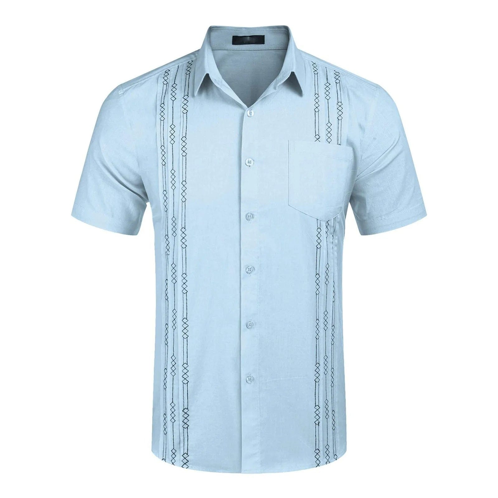  Showlu Fashion Store Light Blue / S / CHINA Men's Short Sleeve Linen Shirt Cuban Beach Tops Pocket Guayabera Shirts Social dress shirt Solid Shirts Flower Holiday