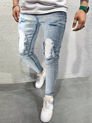  Showlu Fashion Store light blue-white / 28 Men's Casual Creative Street Style High Stretch Paint Splatter Ripped Design Slim Fit Jeans Denim Pants For Spring Summer