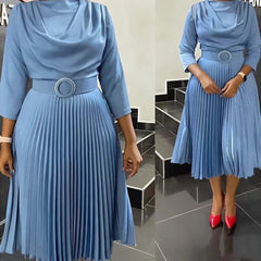 SHOWLU FASHION STORE Light Blue / XL Elegant Office Dress Pleated for Women Professional Round Neck Full Sleeve Belt Waisted Mid Calf Formal Business Work Dress New