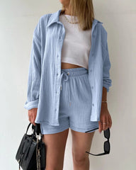 SHOWLU FASHION STORE Light  Blue / XL Oversized Shirt Shorts Two Piece Sets Women Summer Cotton Tops With Loose High Waist Shorts Suit 2023 Fashion Streetwear Outfits