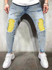  Showlu Fashion Store light blue-yellow / 28 Men's Casual Creative Street Style High Stretch Paint Splatter Ripped Design Slim Fit Jeans Denim Pants For Spring Summer