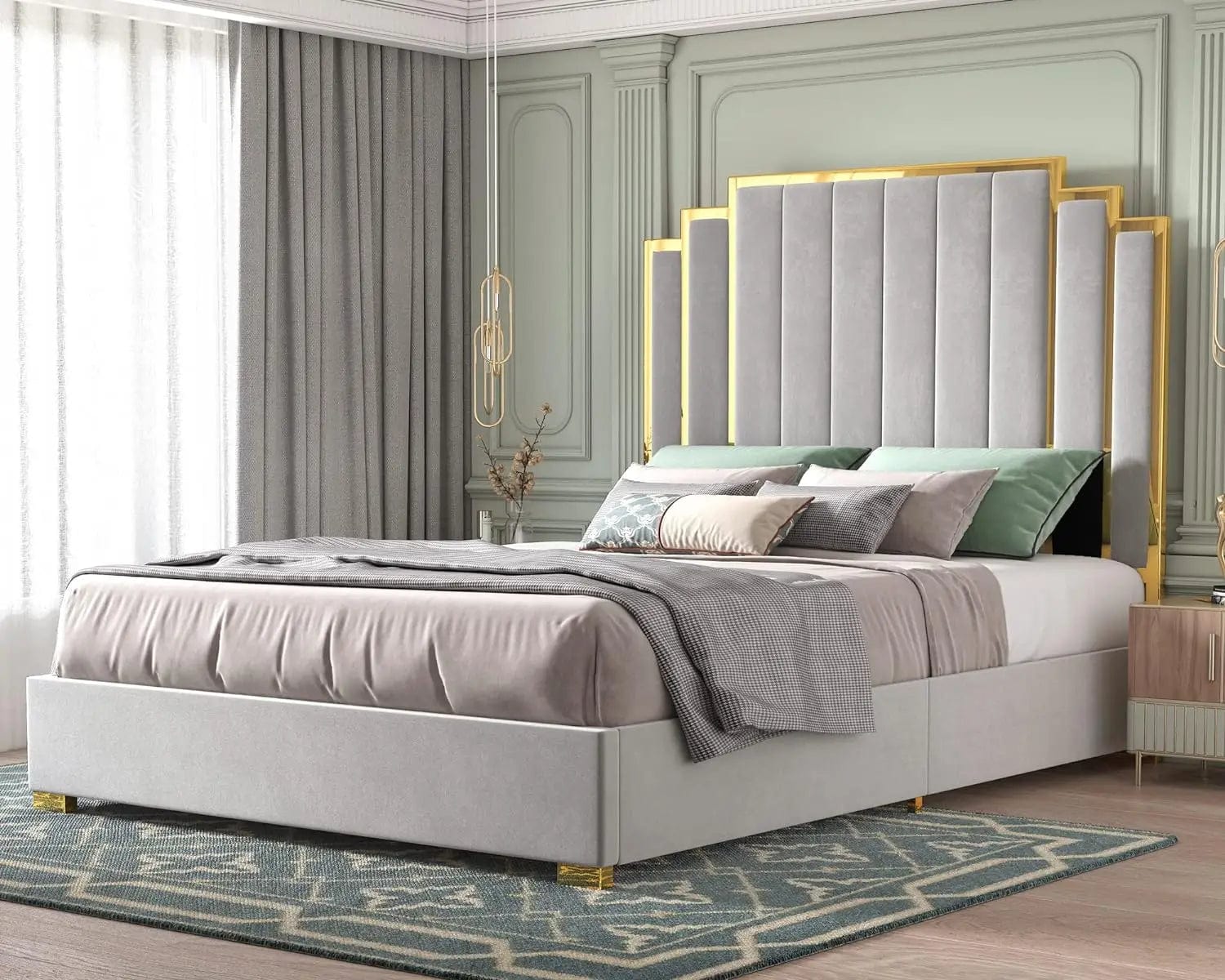 SHOWLU FASHION STORE light gray / United States / queen queen size bed frame and 61" headboard, upholstered bed with gold gilt trim, modern platform bed, no box springs required