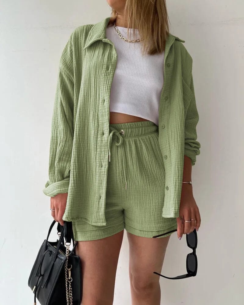 SHOWLU FASHION STORE Light Green / S Oversized Shirt Shorts Two Piece Sets Women Summer Cotton Tops With Loose High Waist Shorts Suit 2023 Fashion Streetwear Outfits