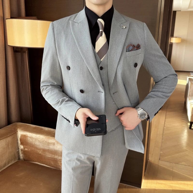 SHOWLU FASHION STORE Light Grey / Asian 3XL is Eur XL (Jackets+Vest+Pants) Men's Business Double-Breasted Suits Male Slim Fit Solid Color Groom's Wedding Dress Man Fashion Tuxedo 7XL