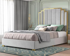 SHOWLU FASHION STORE Light Grey / United States / King King Size Bed Frame and 65" Headboard, Upholstered Beds with Golden Plating Trim, No Box Spring Needed, Bed Frame