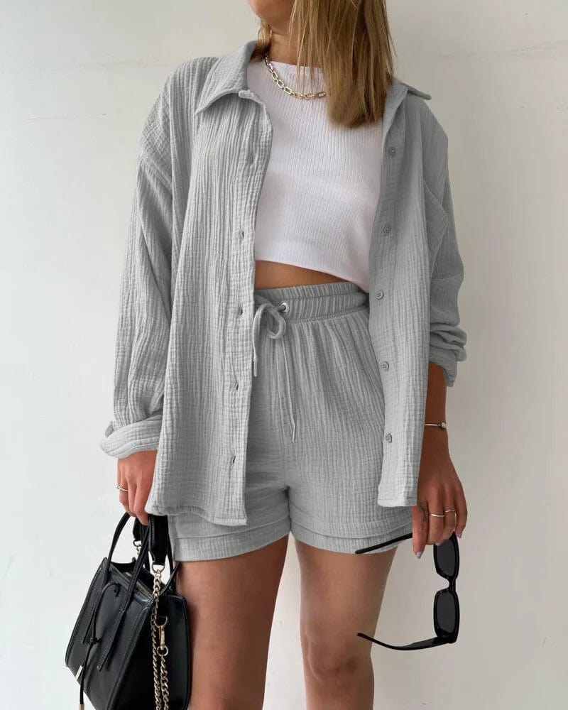 SHOWLU FASHION STORE Light Grey / XXL Oversized Shirt Shorts Two Piece Sets Women Summer Cotton Tops With Loose High Waist Shorts Suit 2023 Fashion Streetwear Outfits