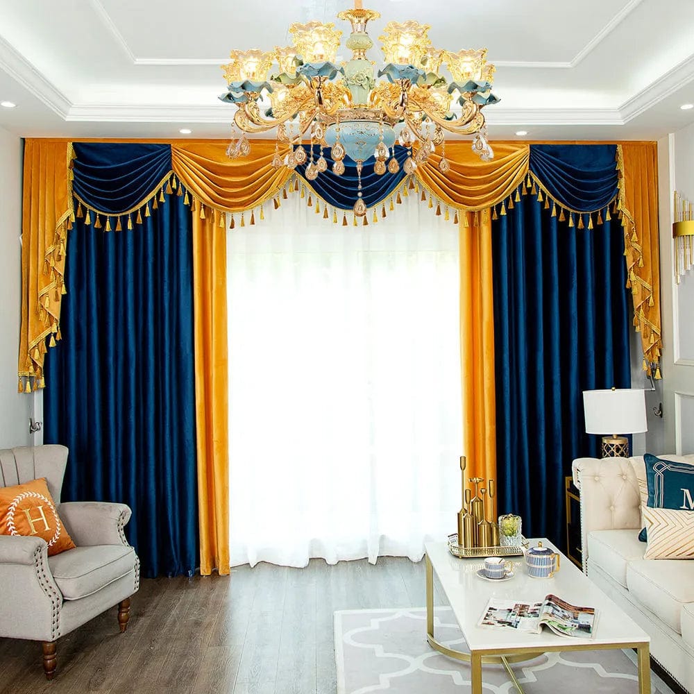 Showlu Fashion Store Light Luxury French Velvet Curtains for Living Room Blue Yellow Curtain Bedroom Dutch Velvet High Shading Curtains Home Custom