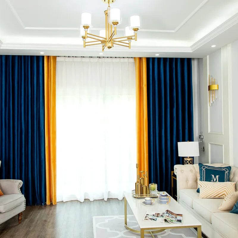 Showlu Fashion Store Light Luxury French Velvet Curtains for Living Room Blue Yellow Curtain Bedroom Dutch Velvet High Shading Curtains Home Custom