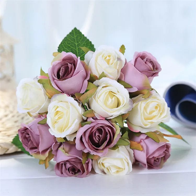 Showlu Fashion Store Light-Purple 12 Heads Wedding Bouquet White Green Rose Artificial Bridal Bouquet Blue Wedding Accessories Bridesmaids Flower Mariage Supplies