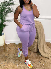 Showlu Fashion Store Light Purple / 5XL 4XL 5XL LW Plus Size Women Clothing 2024 Spring Stretchy Sleeveless Solid U Neck Drawstring Light One-piece Casual Jumpsuit