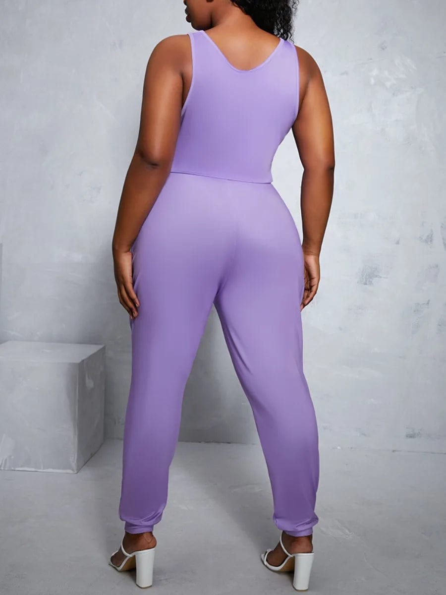 Showlu Fashion Store Light Purple / 5XL 4XL 5XL LW Plus Size Women Clothing 2024 Spring Stretchy Sleeveless Solid U Neck Drawstring Light One-piece Casual Jumpsuit