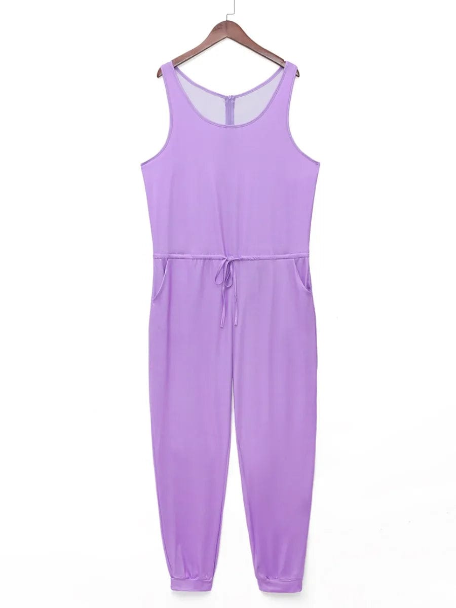 Showlu Fashion Store Light Purple / 5XL 4XL 5XL LW Plus Size Women Clothing 2024 Spring Stretchy Sleeveless Solid U Neck Drawstring Light One-piece Casual Jumpsuit