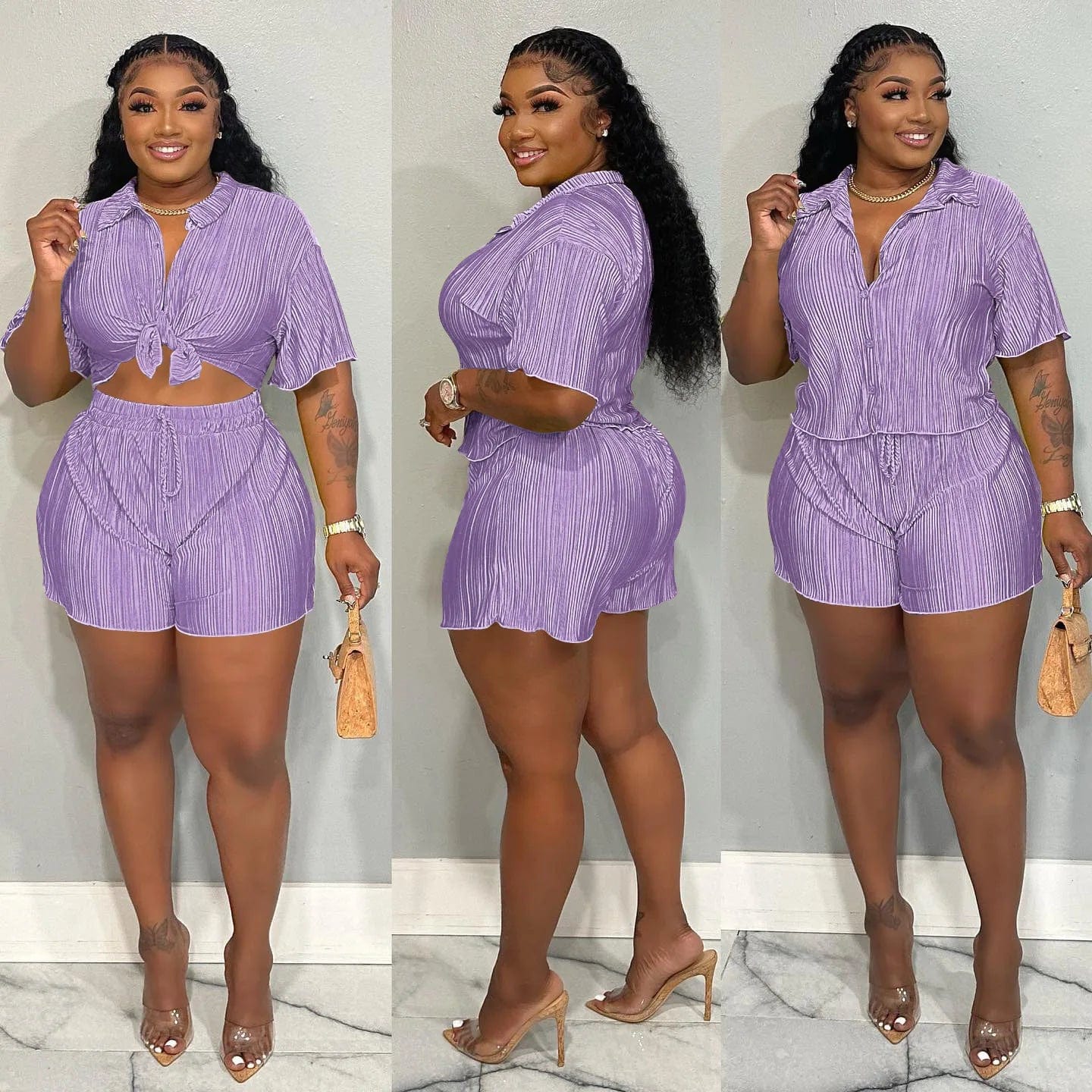  Showlu Fashion Store Light Purple / XL QFAF Fashion Pleated Women's Set Short Sleeve overiszed Shirt and Shorts Suit 2023 Summer Two 2 Piece Set Outfit Tracksuit