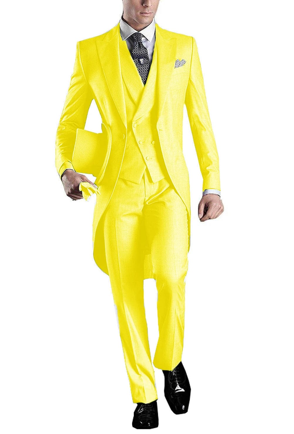  Showlu Fashion Store Light Yellow / 4XL Solid Men's Tailcoat Suit Set Business Tuxedos for Men Wedding Suit Coat Pants Vest 3 Pcs Set Dress Blazers Jacket Trousers