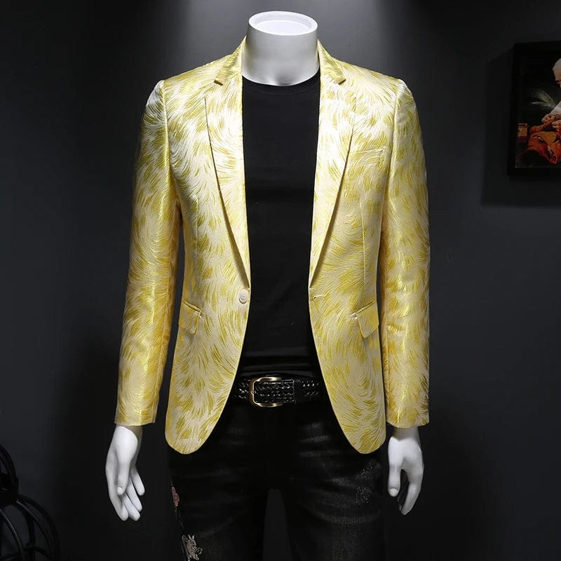 SHOWLU FASHION STORE Light Yellow / Asia M 45-53KG Spring Luxury Embroidery Men Blazers New Men Gold Yarn Casual Suit Jacket Stage Dress High Quality Wedding Business Bleazer Man