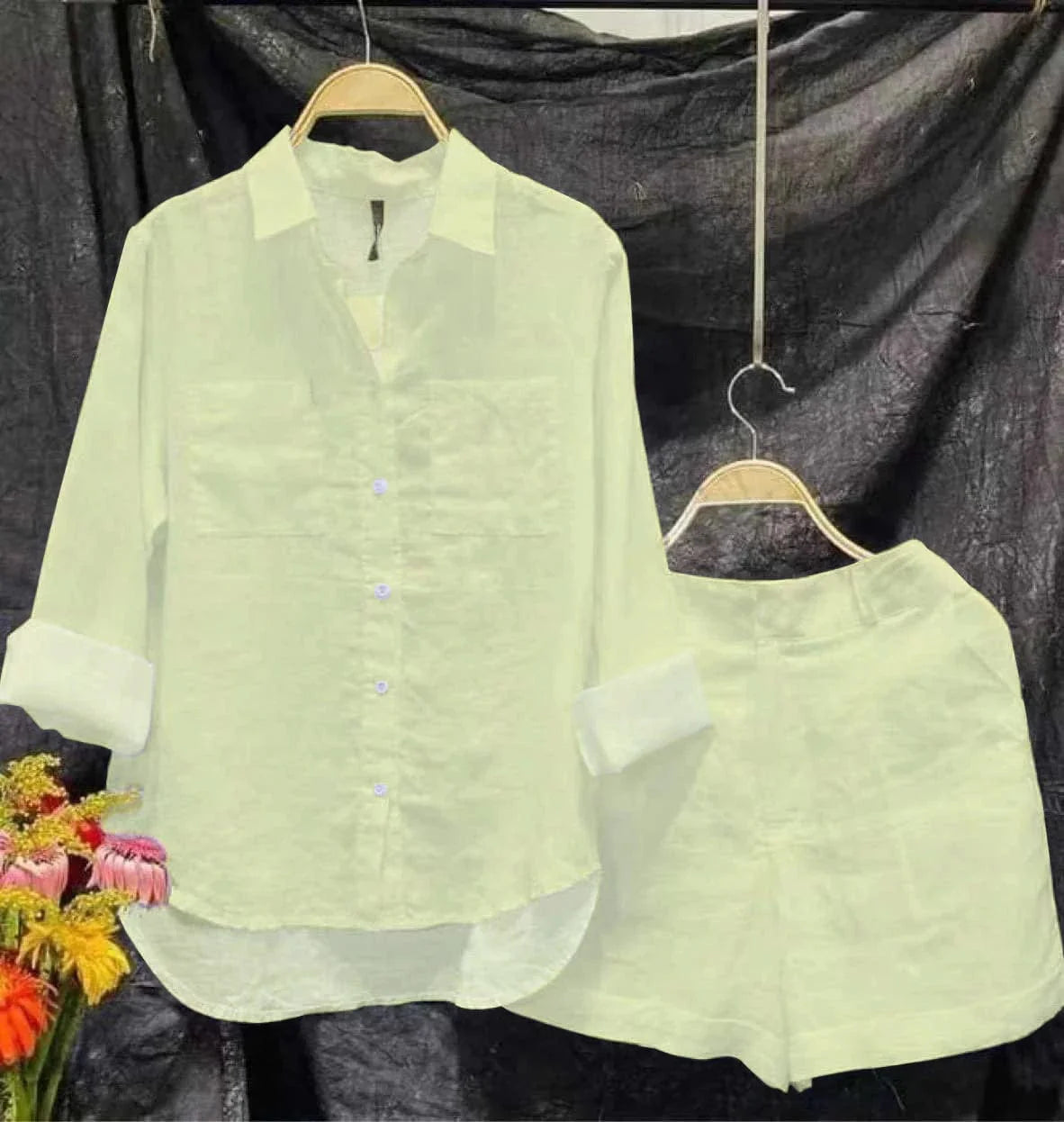 Light yellow women's cotton linen 2-piece set with long sleeve shirt and shorts, casual summer loungewear by Showlu Fashion Store