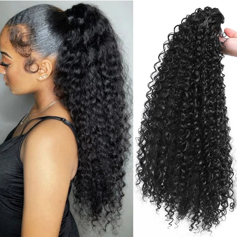 Showlu Kinky Curly Drawstring Ponytail extension, 20-inch synthetic hair with curly, fluffy afro puff style for women.