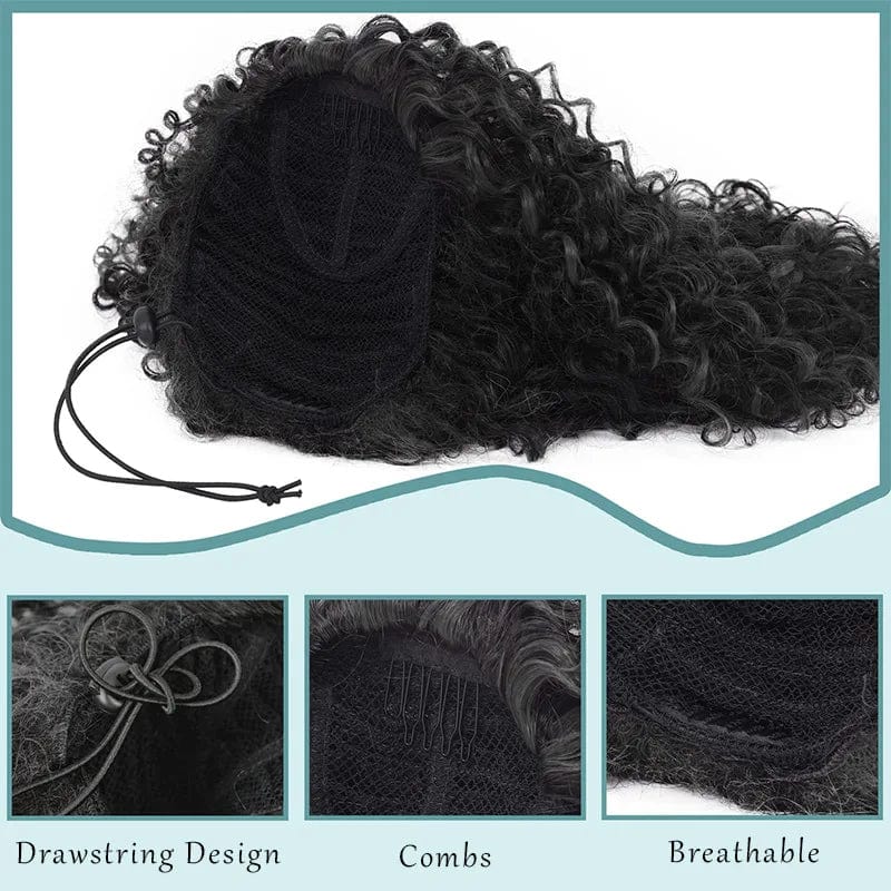 Showlu Kinky Curly Drawstring Ponytail extension in 20 inches, synthetic hair with curly, fluffy afro puff style for women.