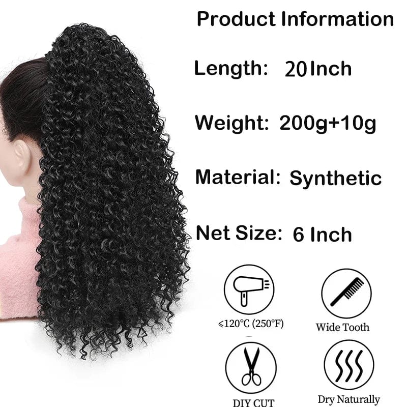 Showlu Kinky Curly Drawstring Ponytail extension, 20-inch synthetic hair with curly, fluffy Afro puff style for women.