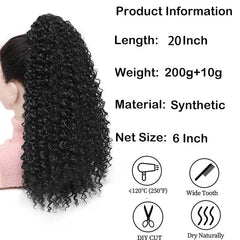 A 20-inch black kinky curly synthetic drawstring ponytail with product specifications.