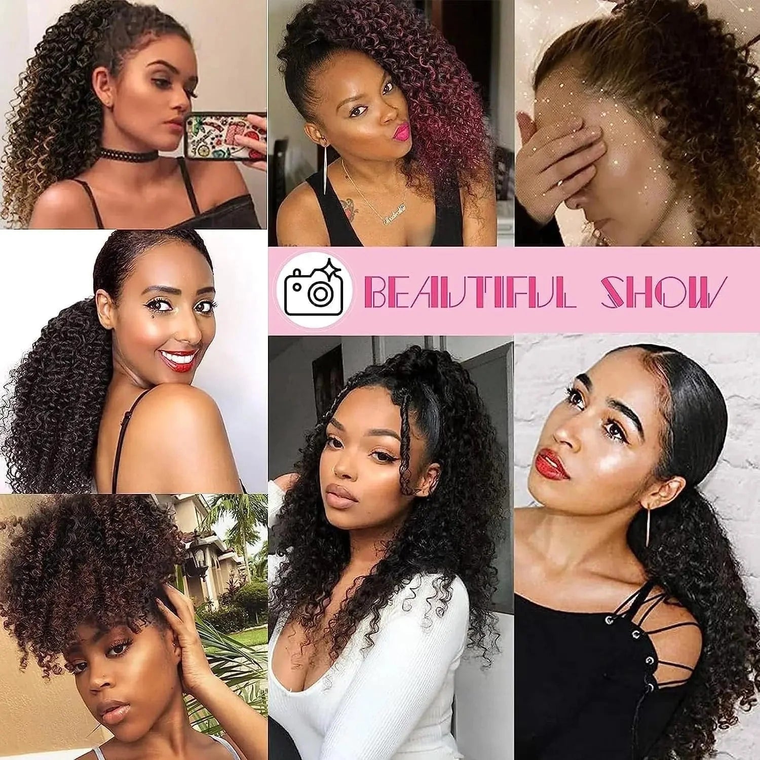 Showlu Kinky Curly Drawstring Ponytail, 20-inch synthetic hair extension with curly, afro puff style for women.