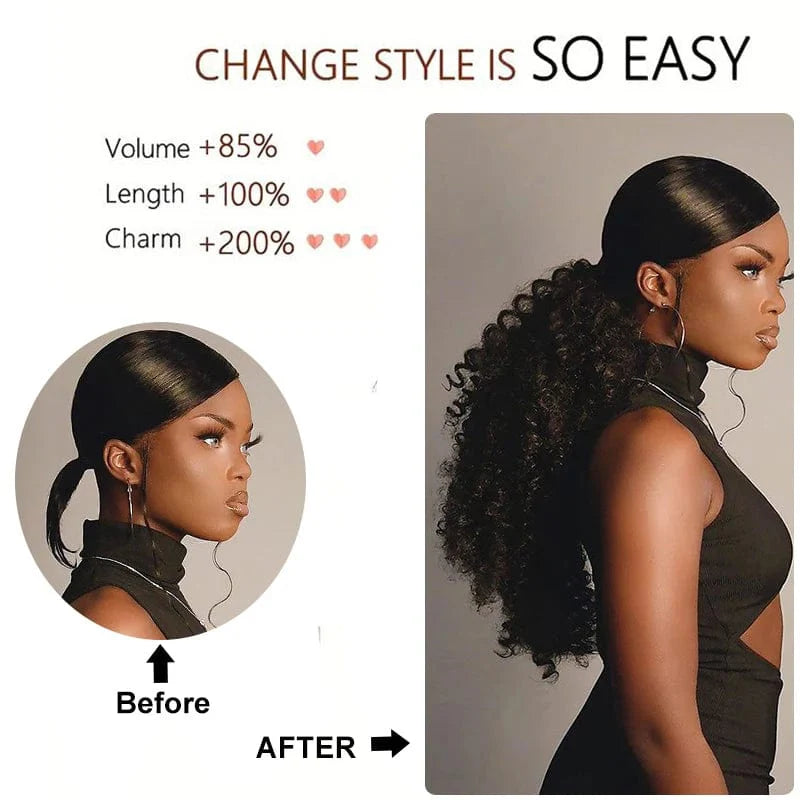 Showlu Kinky Curly Drawstring Ponytail extension in 20 inches, featuring fluffy synthetic curly hair and a secure drawstring attachment.