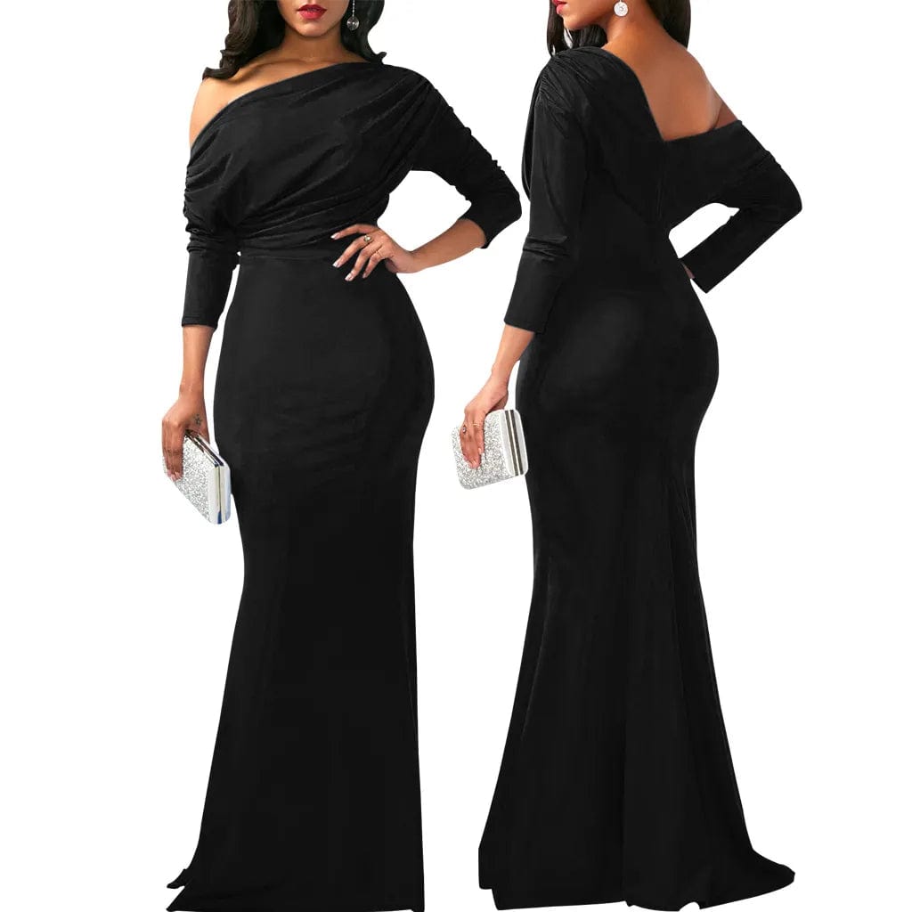  Showlu Fashion Store long sleeve black / S Women Oblique Shoulder Slim Folds Long Dress Elegant Evening Party Floor Length Dresses Vestido de festa