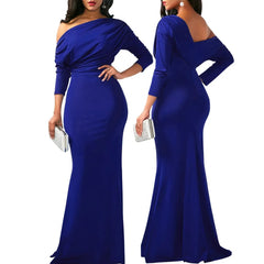  Showlu Fashion Store long sleeve blue / S Women Oblique Shoulder Slim Folds Long Dress Elegant Evening Party Floor Length Dresses Vestido de festa