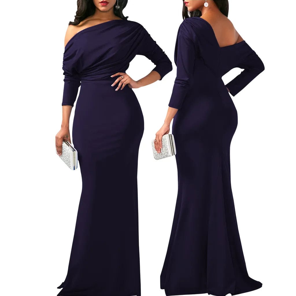  Showlu Fashion Store long sleeve navy / S Women Oblique Shoulder Slim Folds Long Dress Elegant Evening Party Floor Length Dresses Vestido de festa