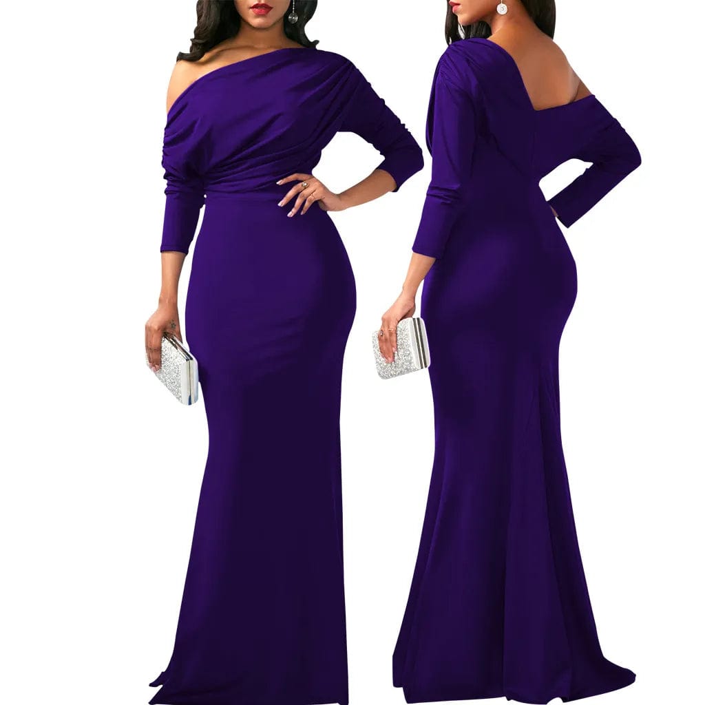  Showlu Fashion Store long sleeve purple / S Women Oblique Shoulder Slim Folds Long Dress Elegant Evening Party Floor Length Dresses Vestido de festa