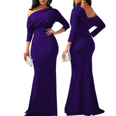  Showlu Fashion Store long sleeve purple / S Women Oblique Shoulder Slim Folds Long Dress Elegant Evening Party Floor Length Dresses Vestido de festa