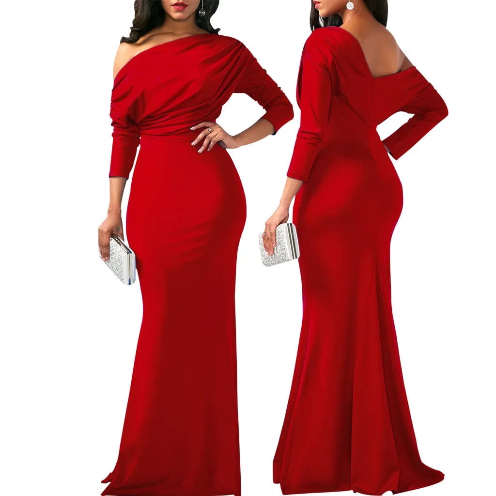  Showlu Fashion Store long sleeve red / S Women Oblique Shoulder Slim Folds Long Dress Elegant Evening Party Floor Length Dresses Vestido de festa