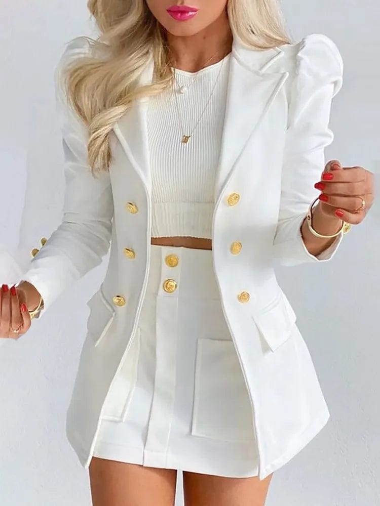  Showlu Fashion Store Long Sleeve Suit Jacket Dress Set Spring Fashion Elegant Solid Turn Down Collar Coat Buns Two Piece Sets For Women Outfit 2023