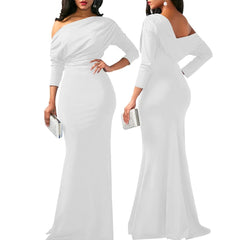  Showlu Fashion Store long sleeve white / S Women Oblique Shoulder Slim Folds Long Dress Elegant Evening Party Floor Length Dresses Vestido de festa