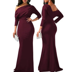  Showlu Fashion Store long sleeve wine / S Women Oblique Shoulder Slim Folds Long Dress Elegant Evening Party Floor Length Dresses Vestido de festa