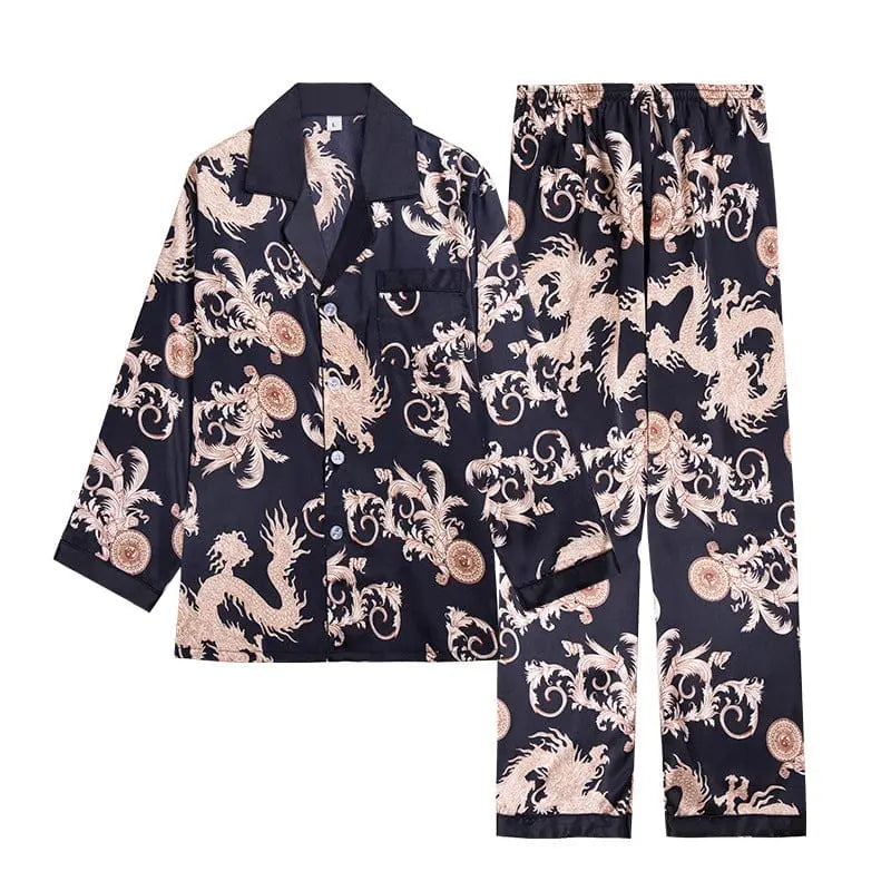 Showlu Fashion men's two-piece pajama set with long-sleeved cotton top and matching trousers, suitable for spring and summer.
