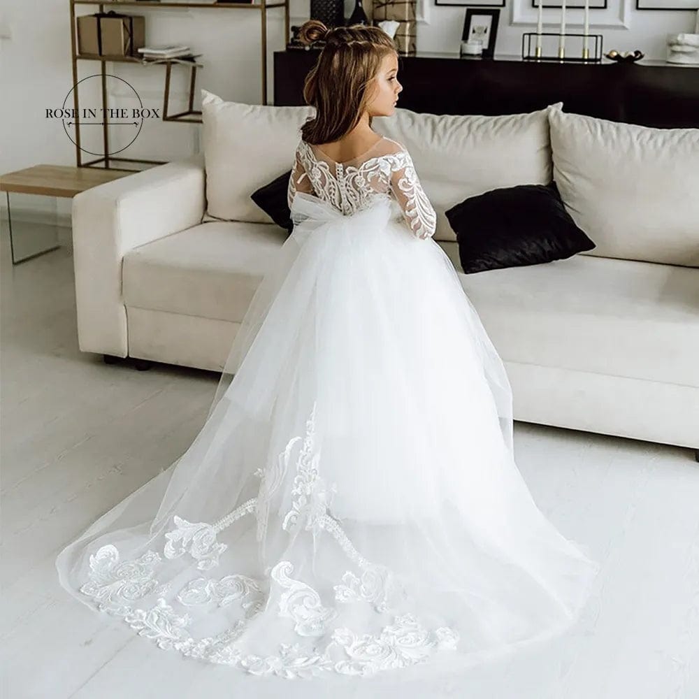  Showlu Fashion Store Long Sleeves Lace Princess Flower Girl Dresses 2022 Ball Gown Communion White Dresses For Little Girls Robe Mariage Enfant Fille