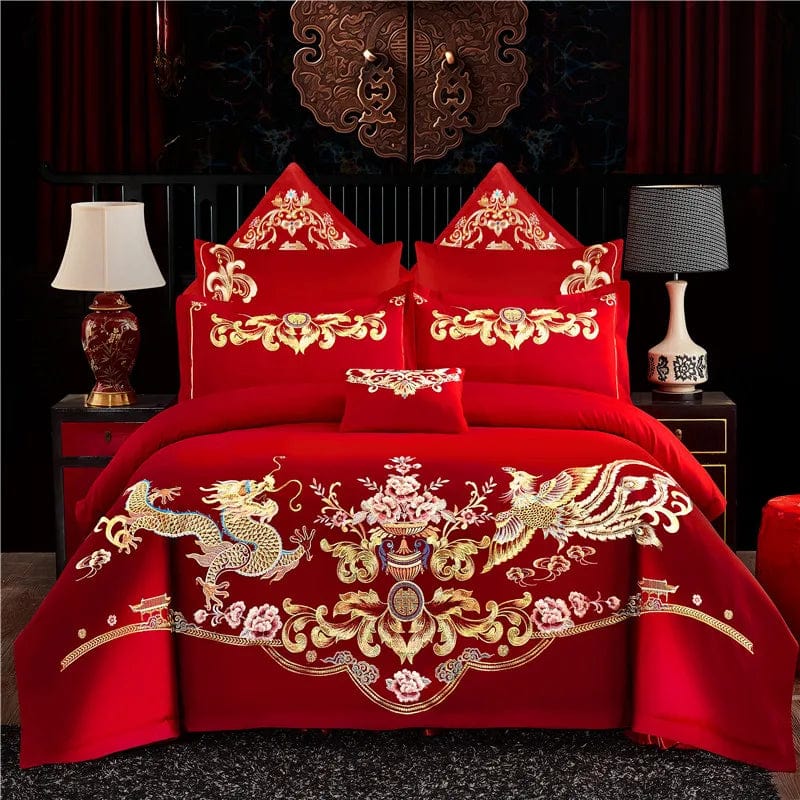 SHOWLU FASHION STORE LongFeng-CX / set / King Chinese wedding four-piece set big red embroidered newlywed bedding wedding festive set dragon and phoenix quilt embroidered bedding bed sheets quilt cover